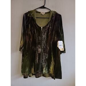 NEW women's XL 1X One World olive green velvet velour jacket full zip hooded